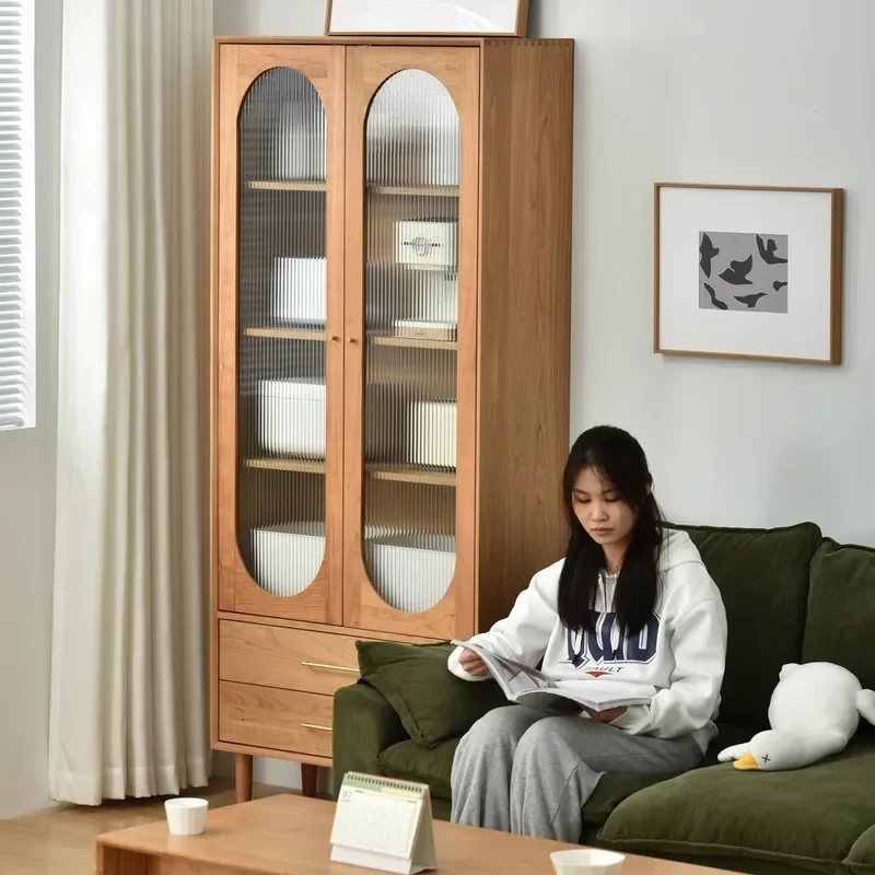 Nordic Solid Wood Bookcase with Glass Door Log Oak Cherry Japanese Style Floor to Ceiling Narrow Bookshelf Storage Cabinet - view 3