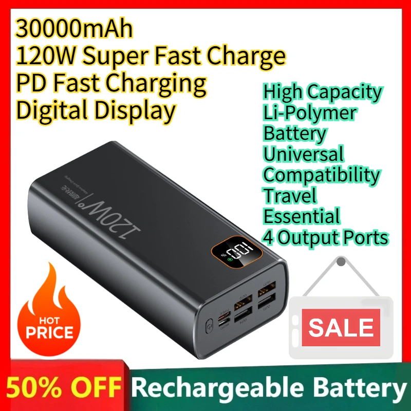 120W Super Fast Charging Power Bank 30000mAh PD Charging & Digital Display Portable Charger for Smartphones