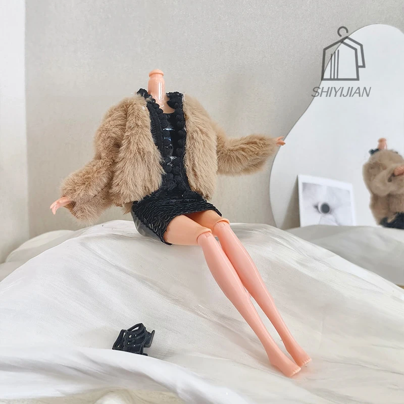 30cm boneca vestir-se roupas acessórios pele lantejoulas colete vestido + jaqueta conjunto 1/6 bjd moda princesa boneca vestidos festa roupas diárias