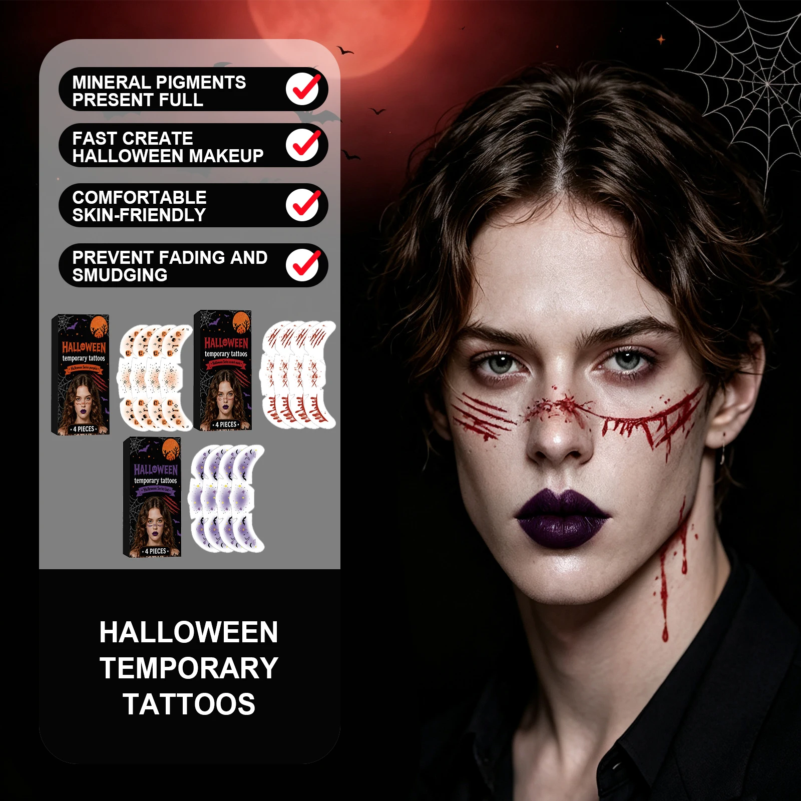 Halloween Temporary Tattoos 4 Pcs Horror Makeup Accessories Party Favors Supplies Fake Scratches Temporary Wound Bloody Stickers