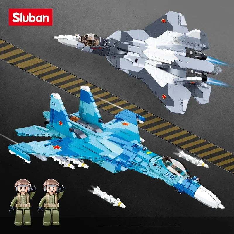 Sluban Military Air Force Weapon Sukhoi Su-27 Su-57 Flanker Fighter Building Blocks Kit Bricks WW2 Classic Model Toys Boys Gift