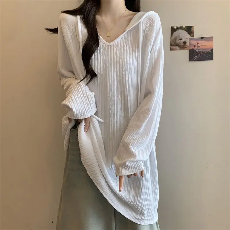 Plus-size Women's Autumn And Winter New Pure Color Loose Slimming Textured Mid-length Hooded Long-sleeve T-shirt