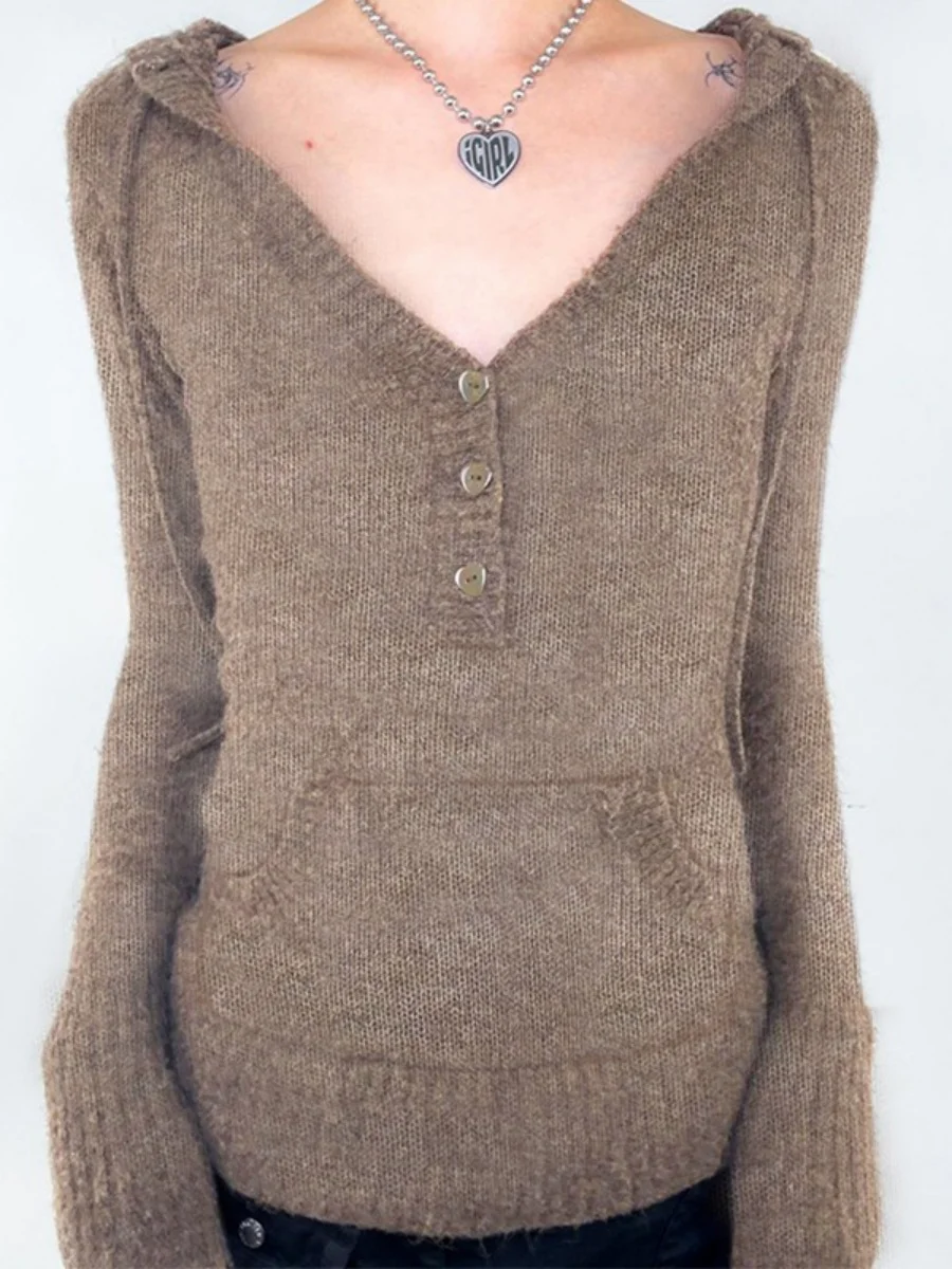 

Women Y2K Vintage Knitted Hooded Sweater with Pocket Slim Fit Chic Button Hooded Sweater Brown American Retro Tops Streetwear