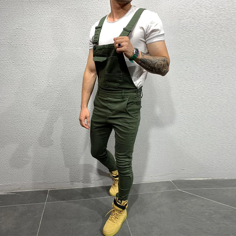 New Denim Bibs Slim Men\'s Jeans Jumpsuits Trousers Solid Color Male Overalls Full Length Skinny Pants Mameluco Hombre Trabajo