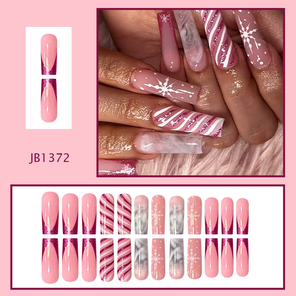 Pink Christmas Long Tapered Coffin Press‑on Nails Glitter Snowflake Marble Reusable False Nails