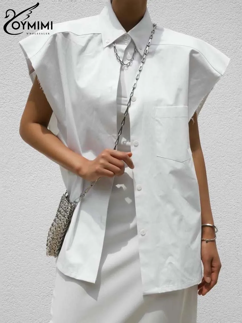 Oymimi Elegant White Cotton Women's Shirt Fashion Turn-Down Collar Sleeveless Shirts Casual Single Breasted Pockets Shirt Female