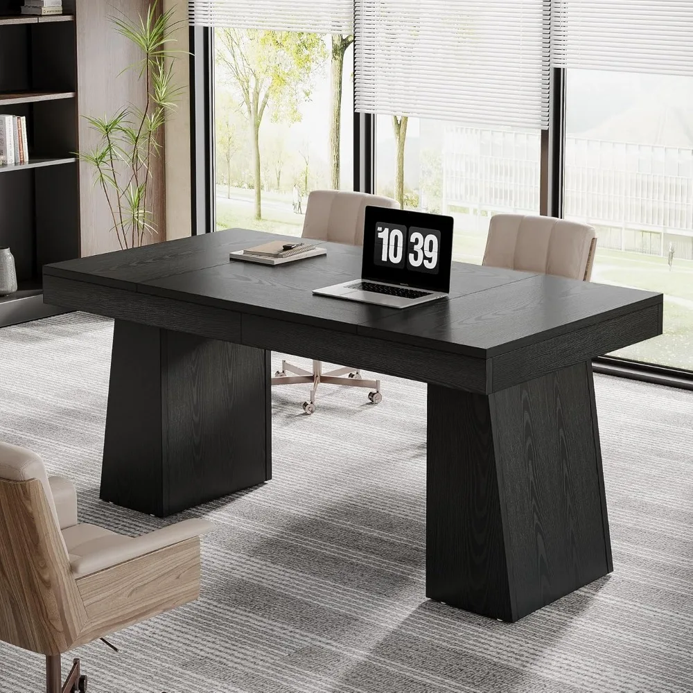 Mesa executiva de 55 polegadas, mesa moderna de escritório doméstico de meados do século com base trapézio dupla, estação de trabalho comercial de mesa de computador de madeira