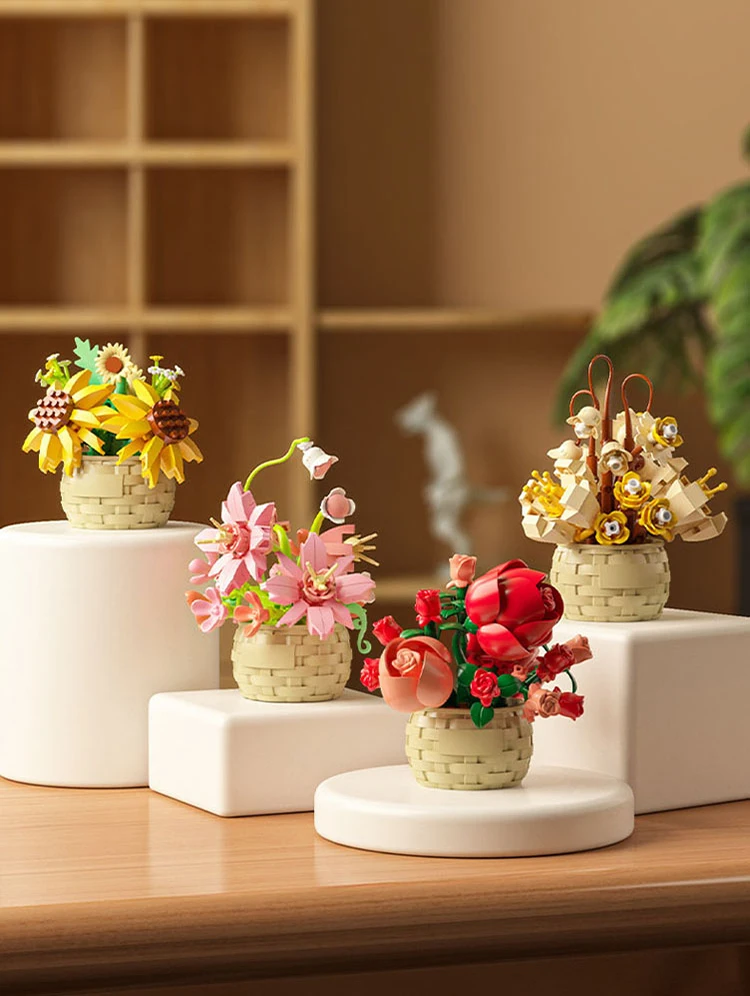 DIY MOC Topf Rose Sonnenblumen Pflanzen Sukkulenten Bonsai Baum Gärten Romantische Bausteine Modell Ziegel Kind Sets Kits Spielzeug Mädchen – Detail 5