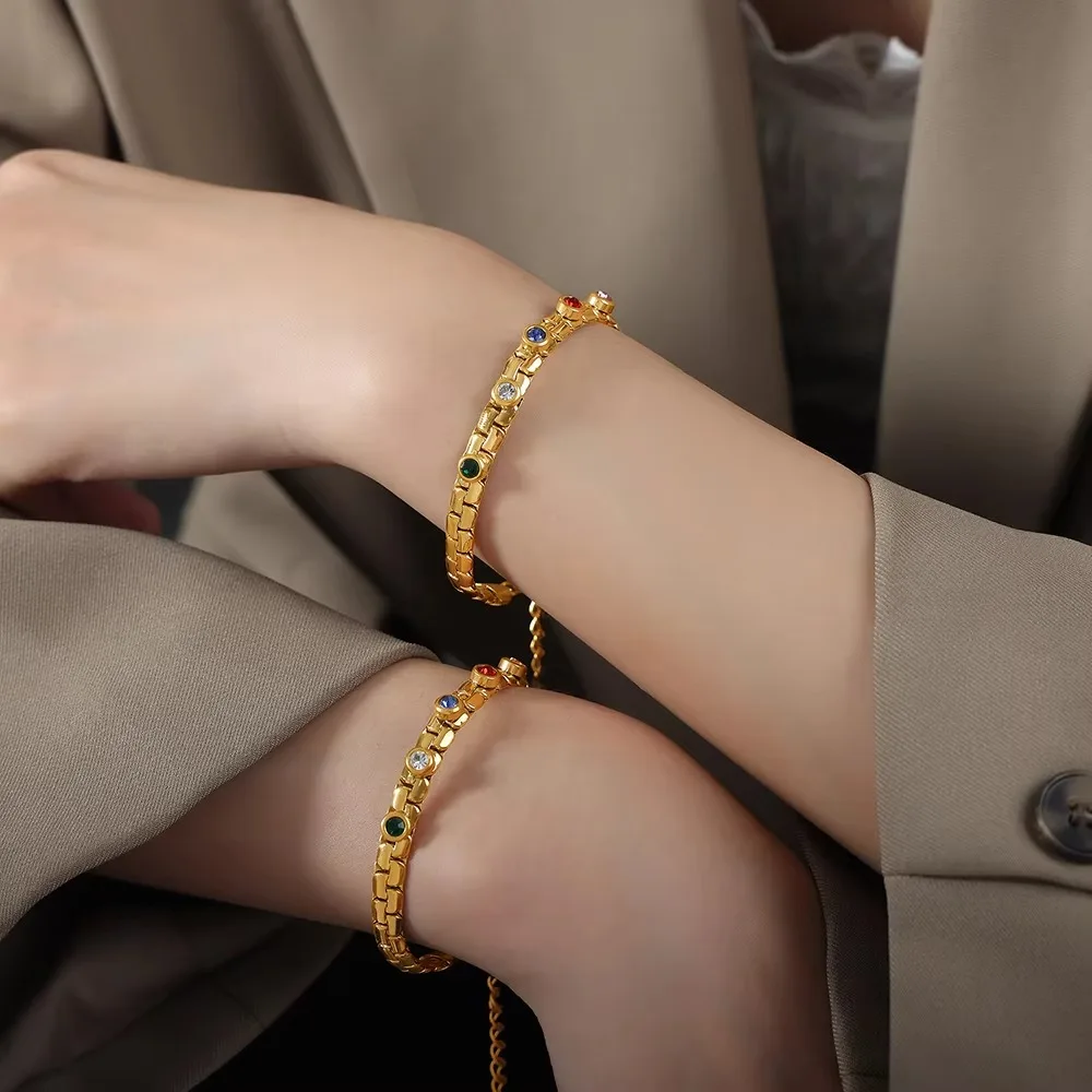 

Fashion Jewelry Stainless Steel Women Bracelets 18k Gold Plated Punk Chain with Zircon