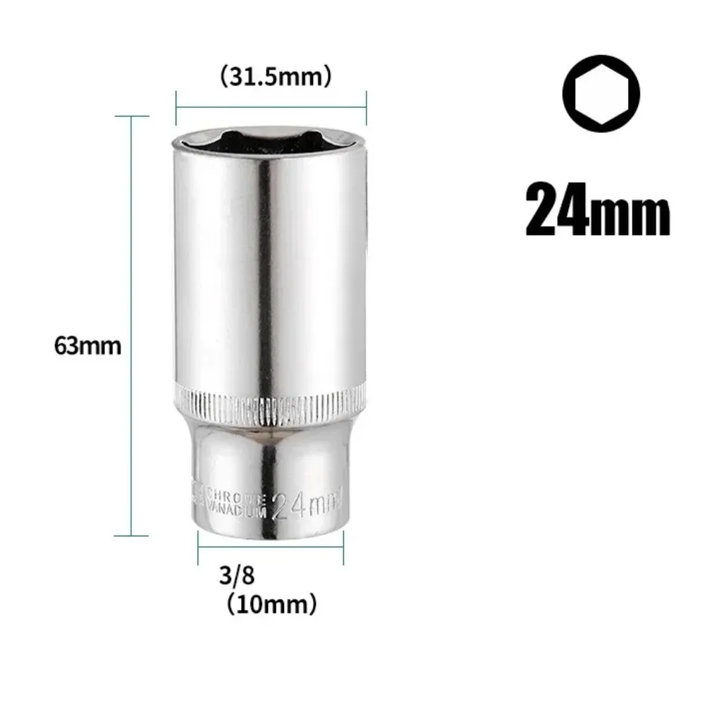 6mm~24mm 3/8inch Deep Socket Adapter Chrome Vanadium Steel Hex Long Sleeve Wrench Heads 8-24mm Ratchet Wrench Adapter
