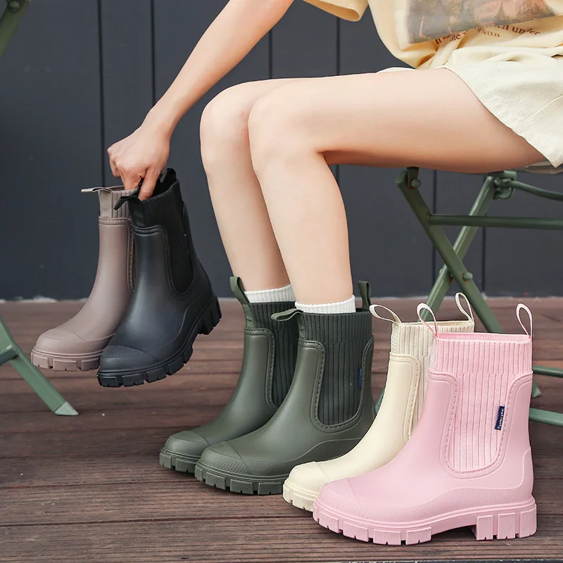 

Mid-calf Rain Boots Elastic Cuff Women's Chelsea Style Waterproof Non-slip Wear-resistant Suitable for Outdoor Wear and Camping
