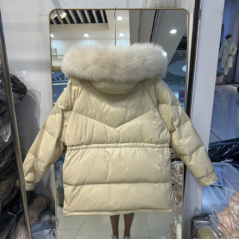 Chaqueta con capucha para mujer, abrigo de plumón de pato blanco, holgado, con cuello de piel de zorro Real, de lujo, cálido, para invierno, 2022, novedad de 90%