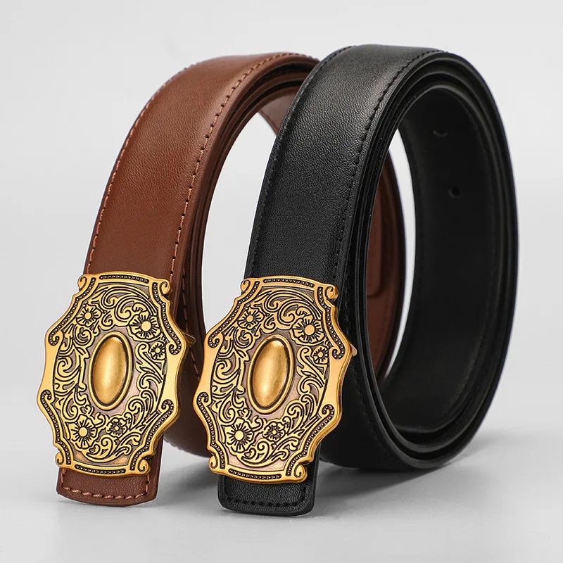 New Genuine Cowhide Vintage Engraving Belt Simple Artistic Matching Jeans Casual Elegant Women's Belt