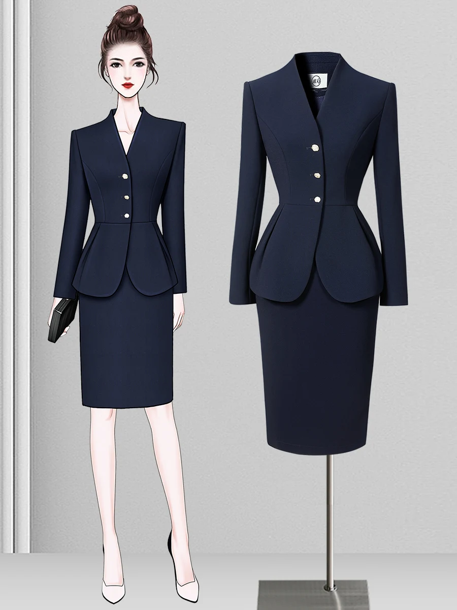 Professional Women's Suiting Set Autumn Elegant Sales Office Jewelry Store Counter Staff Work Uniform Long Sleeve Polyester S...