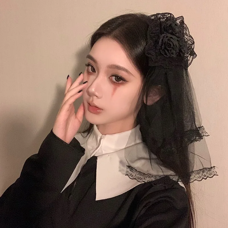 Japanse Lolita Haaraccessoires Rose Haarspeld Kanten Sluier Zijclip Lolita Sluier Kostuum spelen van Halloween bruidshoofddeksel