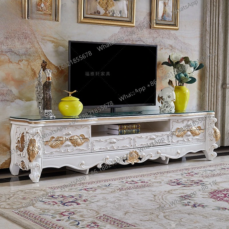 European TV cabinet champagne solid wood engraving desktop engraving tempered glass carp 2.2 meters TV cabinet