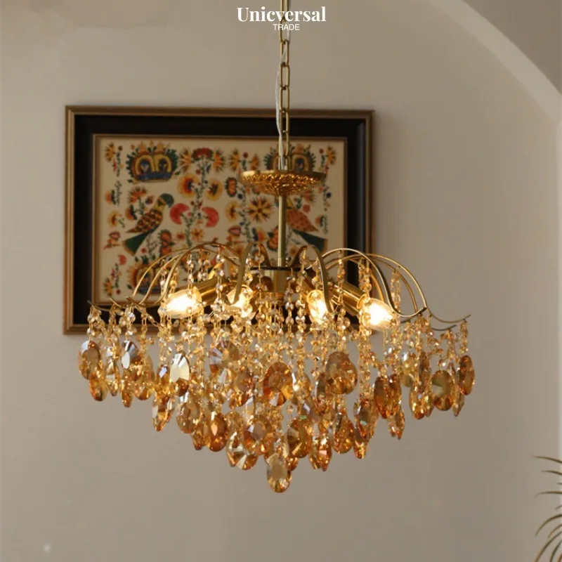 

French romantic crystal chandelier American retro copper chandelier bedroom living room cloakroom luxury amber crystal lamps