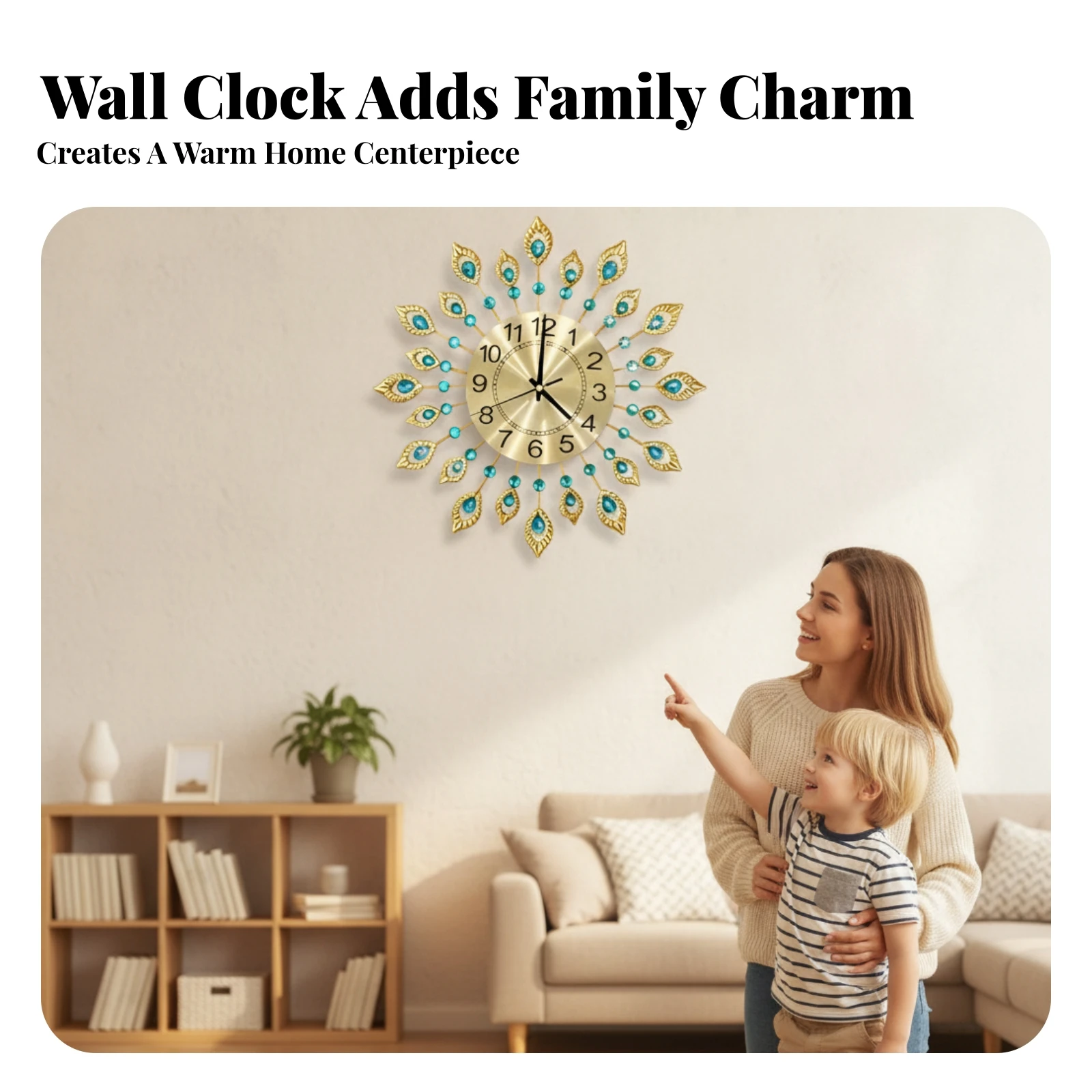 Peacock Wall Clock Noiseless Radiant Wall Clock Elegant Modern Glam for Living Room, Entryway