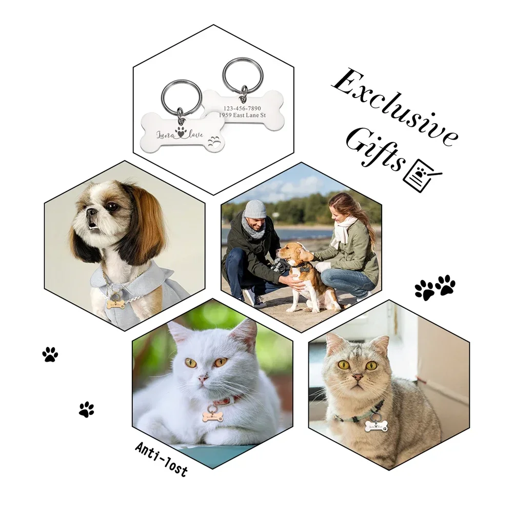 Etiquetas de identificación de mascotas personalizadas, hueso de acero inoxidable, antipérdida Collar de identificación de mascotas, accesorios para