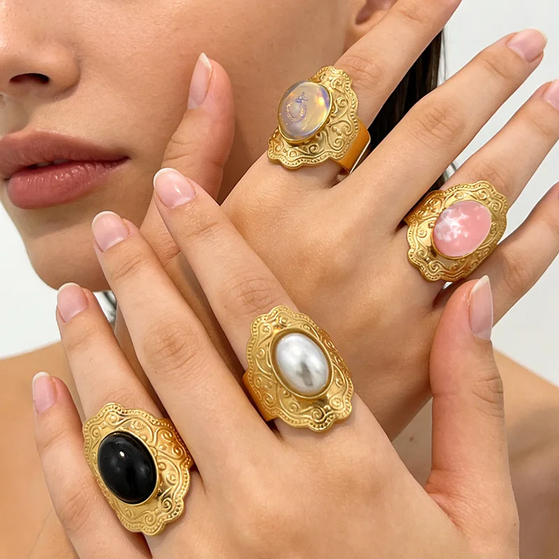 316L Stainless Steel Colored Zircon Pearl Geometric Round Opening Adjustable Ring Women New Luxury Concise Ring Jewelry
