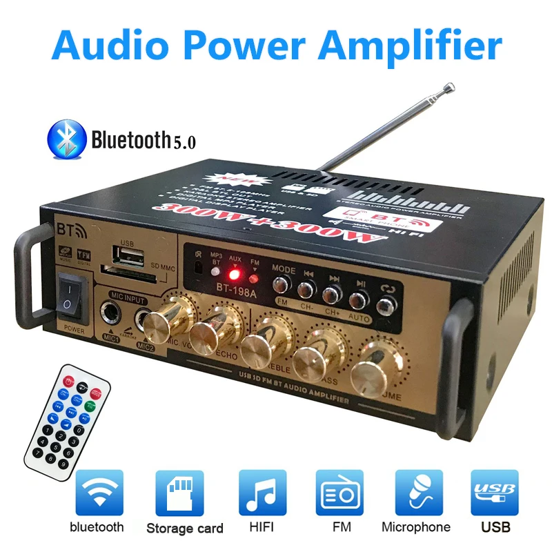 

110V/220V Home Theater Amplifiers Bass Audio Power Bluetooth Amplifier With Remote Control Hifi FM Auto Music Subwoofer Speaker