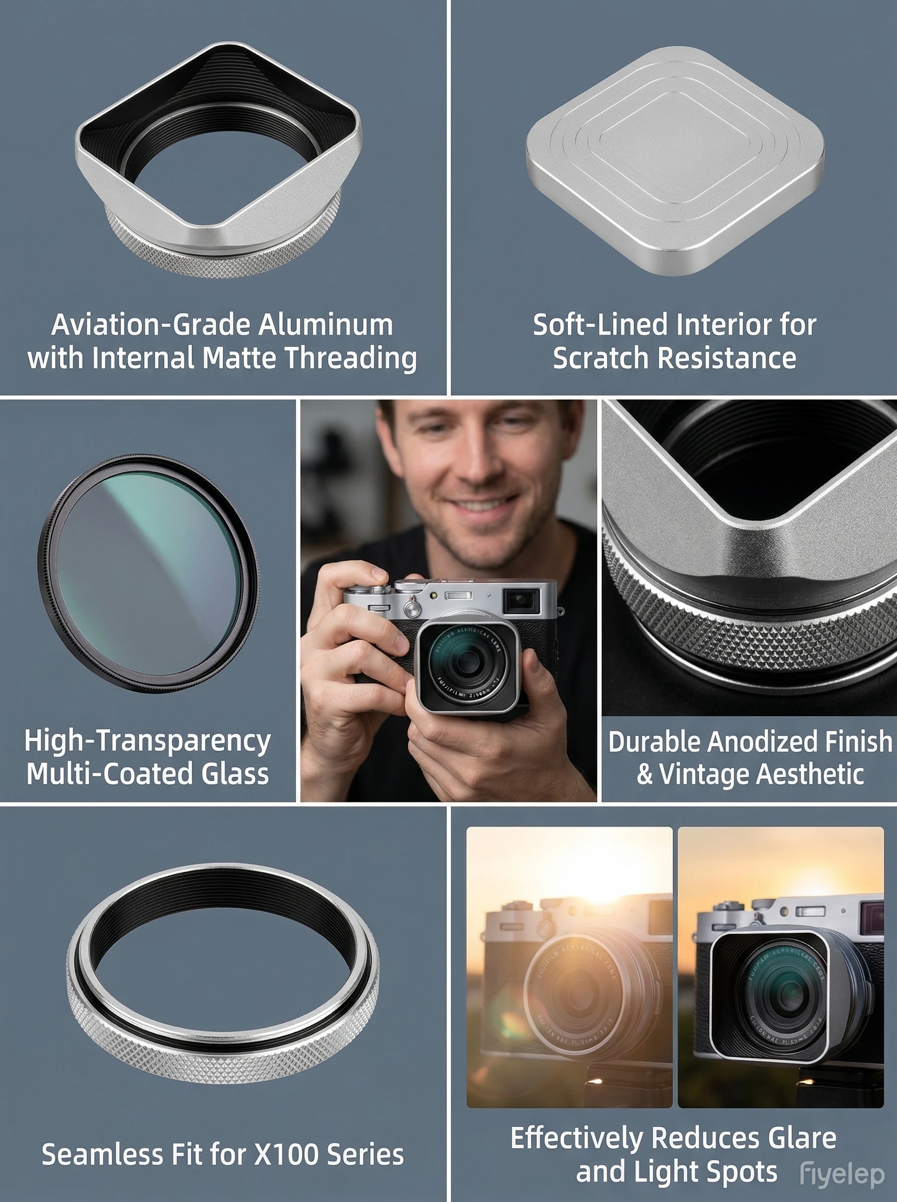 Quadratische Gegenlichtblende aus Metall für 49-mm-MC-UV-Filter-Kit für Fujifilm X100 Serie X100V X100F X100T X100S X100 X100VI Kamerazubehör – Detail 7