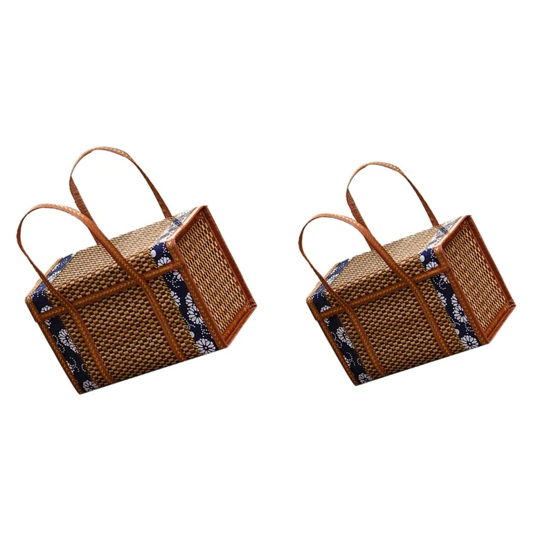 

Picnic Woven Basket Wicker Storage Bag Handle Folded Fruit Shopping Food Handle Rattan Grass Foldable Bamboo Basket Durable B