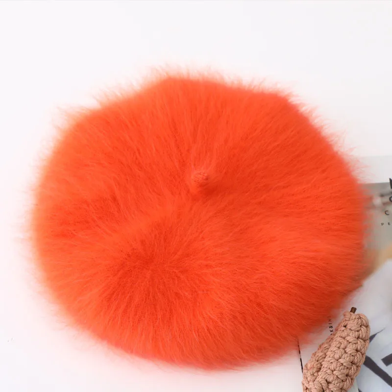 Long hairy mink velvet beret female women mink fur octagonal hat pumpkin hat knitted painter hat warm flight attendant hat