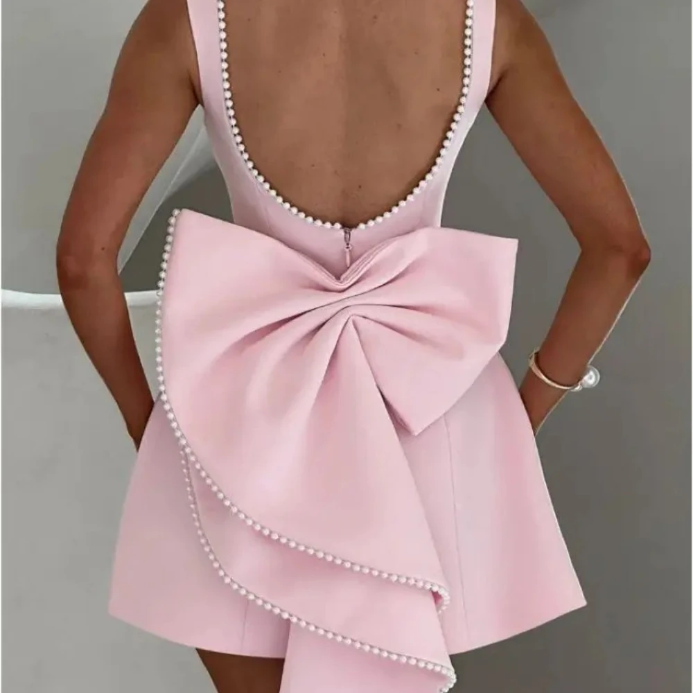 

Elegant Women's Luxury Party Short Dresses White Black Pink Birthday 2025 Pearl Bow Backless Dress Evening Wedding hdjjiko2
