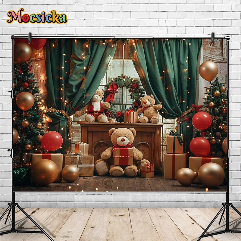 Mocsicka Winter Christmas Photography Backgrounds Teddy Bear Xmas Tree Holiday Party Kids Family Portrait Photo Backdrops Studio