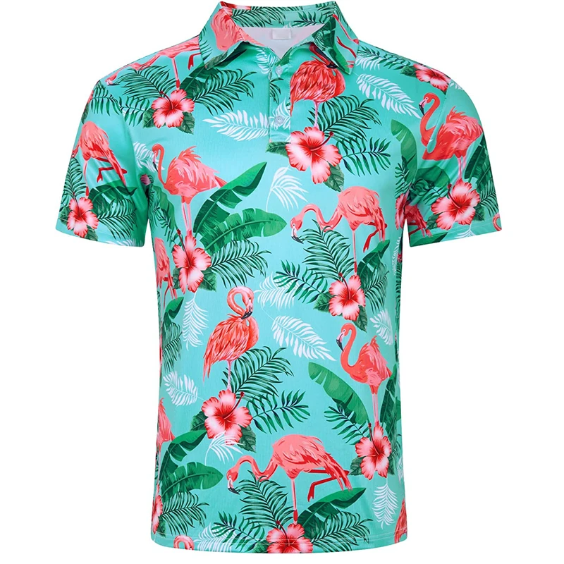 Men Women Hawaiian Flower Plants 3D Print Polo Shirts, Harajuku Short Sleeve Button Lapel Casual Tee Shirts