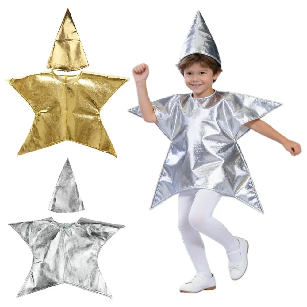 

Серебряный/золотой костюм звезды Рождества для детей, рождественская сцена, костюмы для косплея для воскресной школы, церковный детский костюм с металлическим блеском