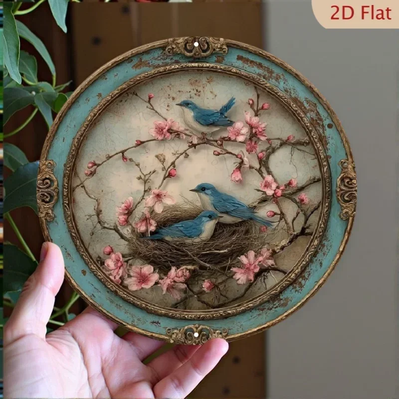 Vintage Blue Bird Cherry Blossom Nest Tin Sign - Vintage Durable Metal Plaque Wall Decor, Floral Farmhouse Bedroom Garden Wall A