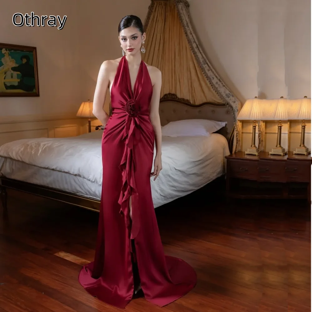 Halter High Slit ดอกไม้ที่กําหนดเองซาตินเปิดกลับ Ruffles Mermaid จีบกวาดรถไฟชุดราตรีแขนกุด robes de soirée