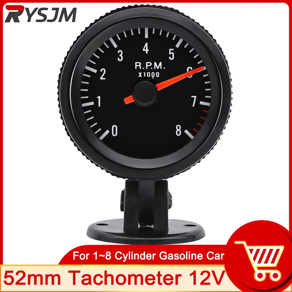 8K Tachometer 12V Car Tacho Meter 52mm With White LED Gauge 8000 RPM For 1-8 Cylinders Gasoline Engine + Gauge Holder