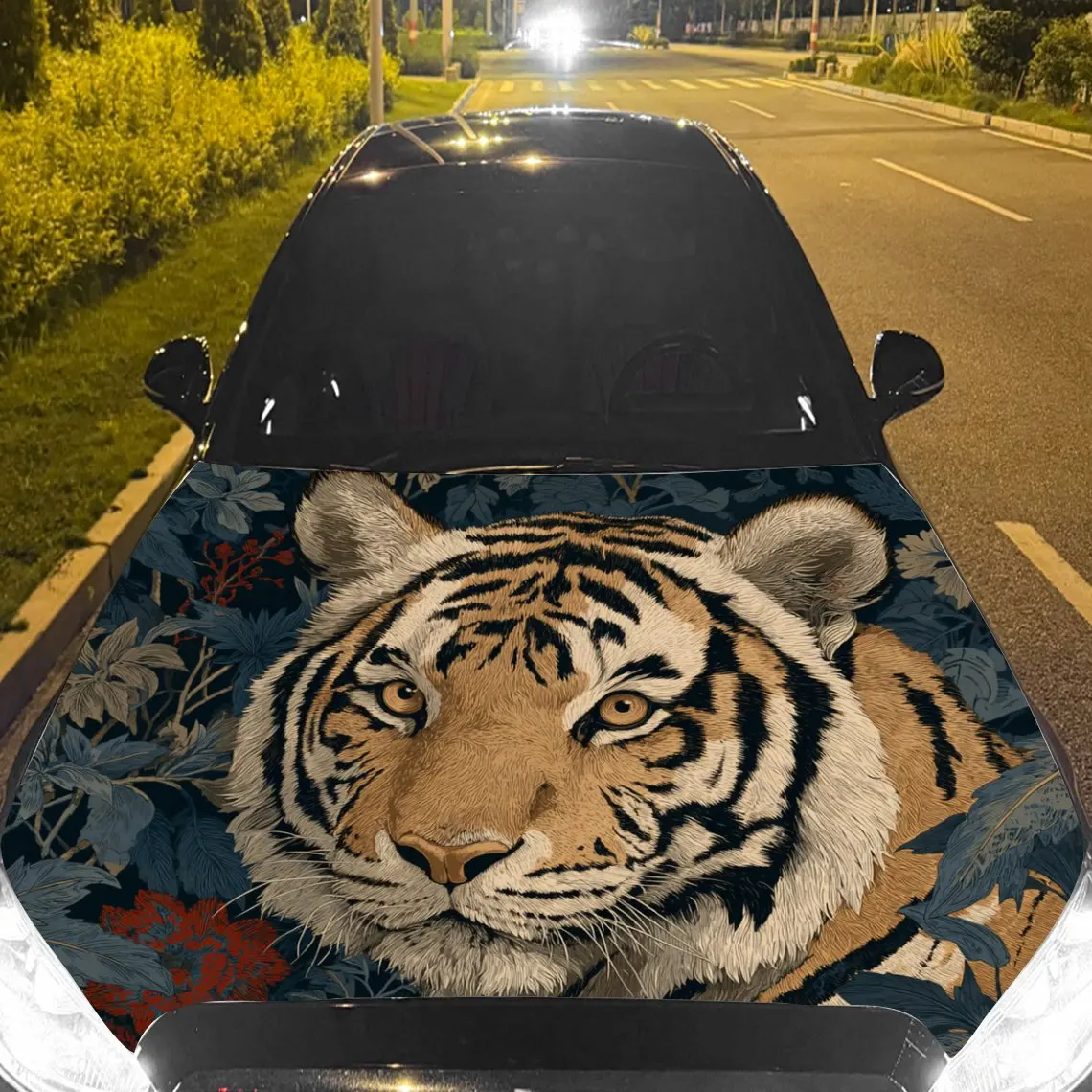 Car Decals Tiger with Distinct Stripes, a Calm Expression, and a Floral - Themed Backdrop Car Hood Sticker, Waterproof Self - Ad