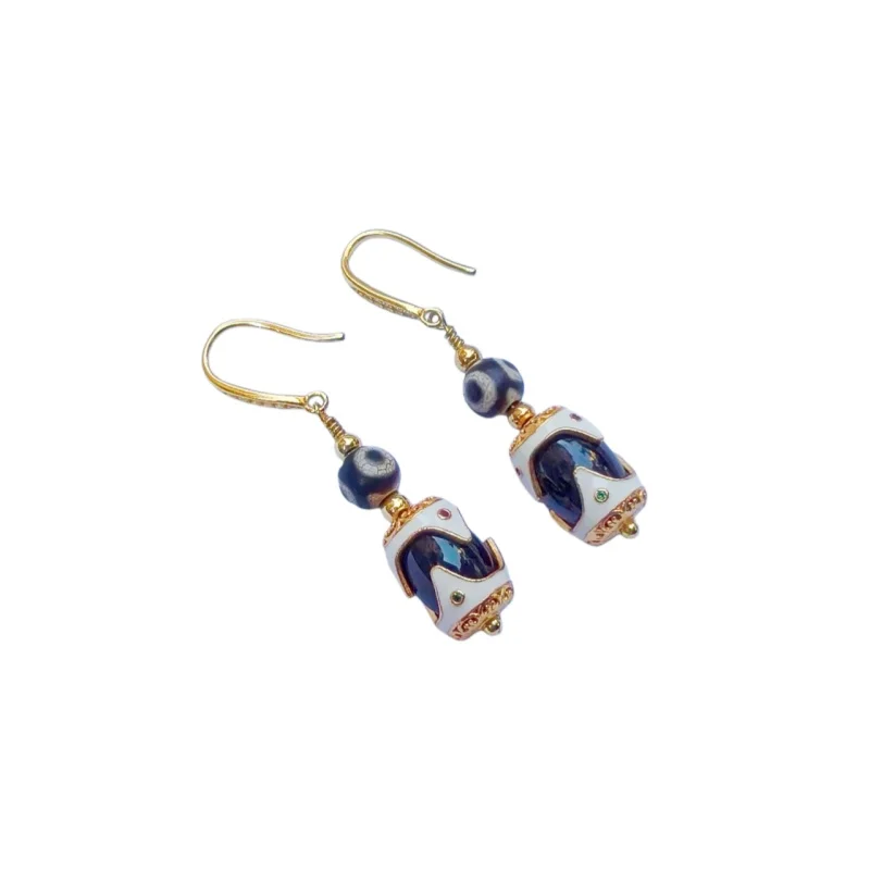 Tibetan Fire Offering Agate 3-Eye S925 Tiger Teeth Dzi Beads Assembled Women's Featured Earrings Free Shipping