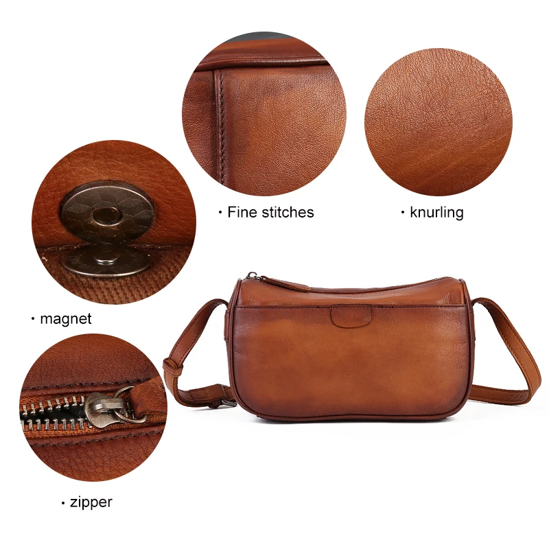 Genuine leather women\'s cross-body bag vintage solid color pillow top layer cowhide multifunctional shoulder bag mobile phone ba