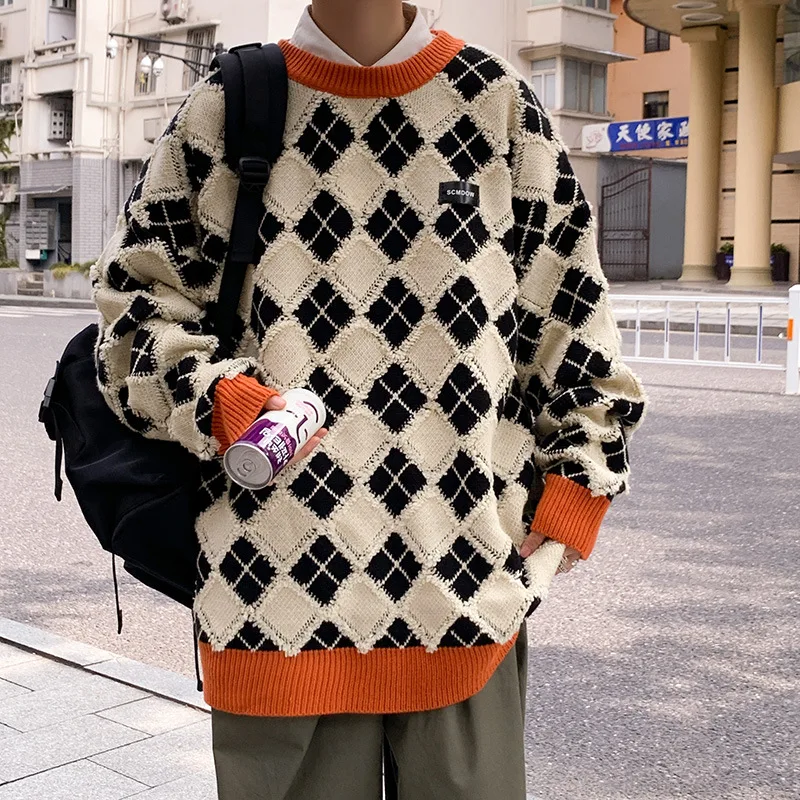 Oversized Men Sweater Classic Lattice Fashion Streetwear Pullovers Hip Hop O-neck Patchwork Clothing Autumn Knitted Male Sweater