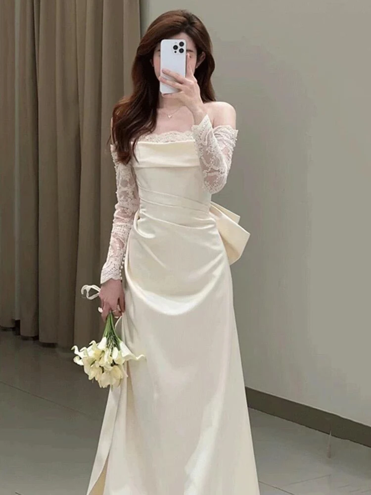 

Легкое атласное свадебное платье на одно плечо для женщин, винтажное, с ручной вышивкой, в пол