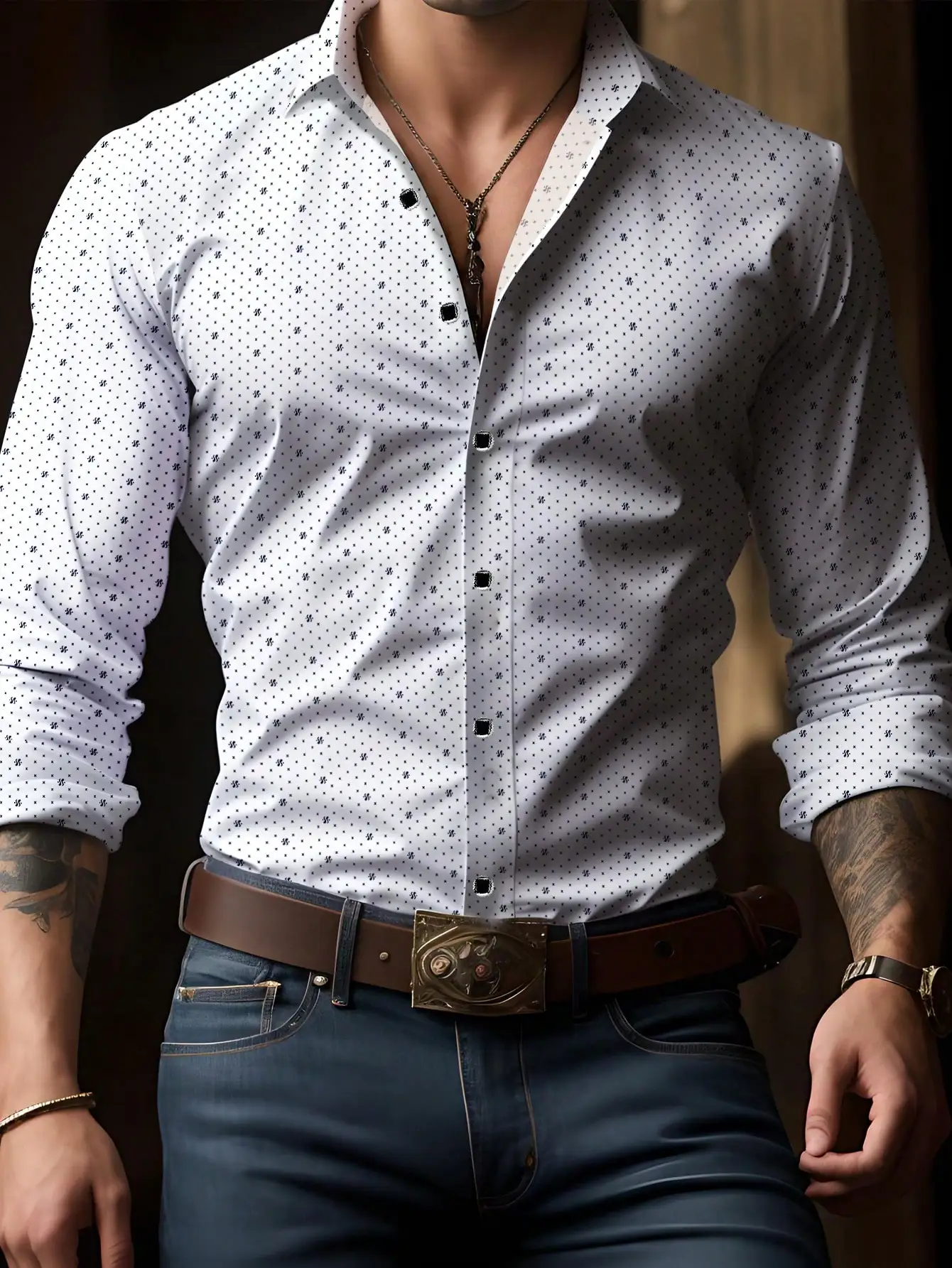 

Men's White Slim Fit Long Sleeve Shirt with Geometric Dot Print, Polyester, for Casual & Formal Wear