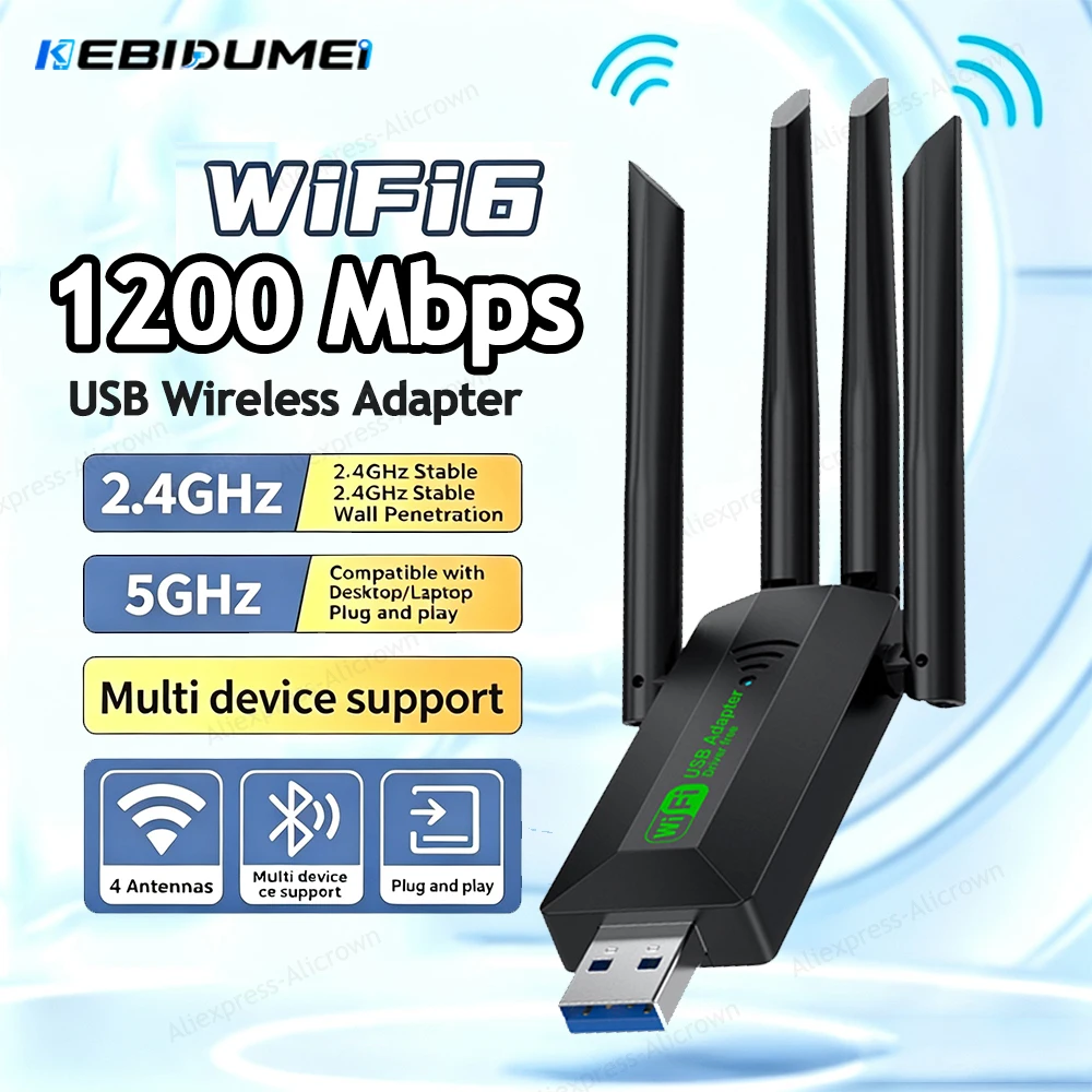 KEBIDUMEI 1200Mbps WiFi USB Adapter Dual Band 2.4G+5Ghz Wi-Fi Dongle 4 Antenna 802.11AC USB3.0 High-Speed Wireless Card Receiver