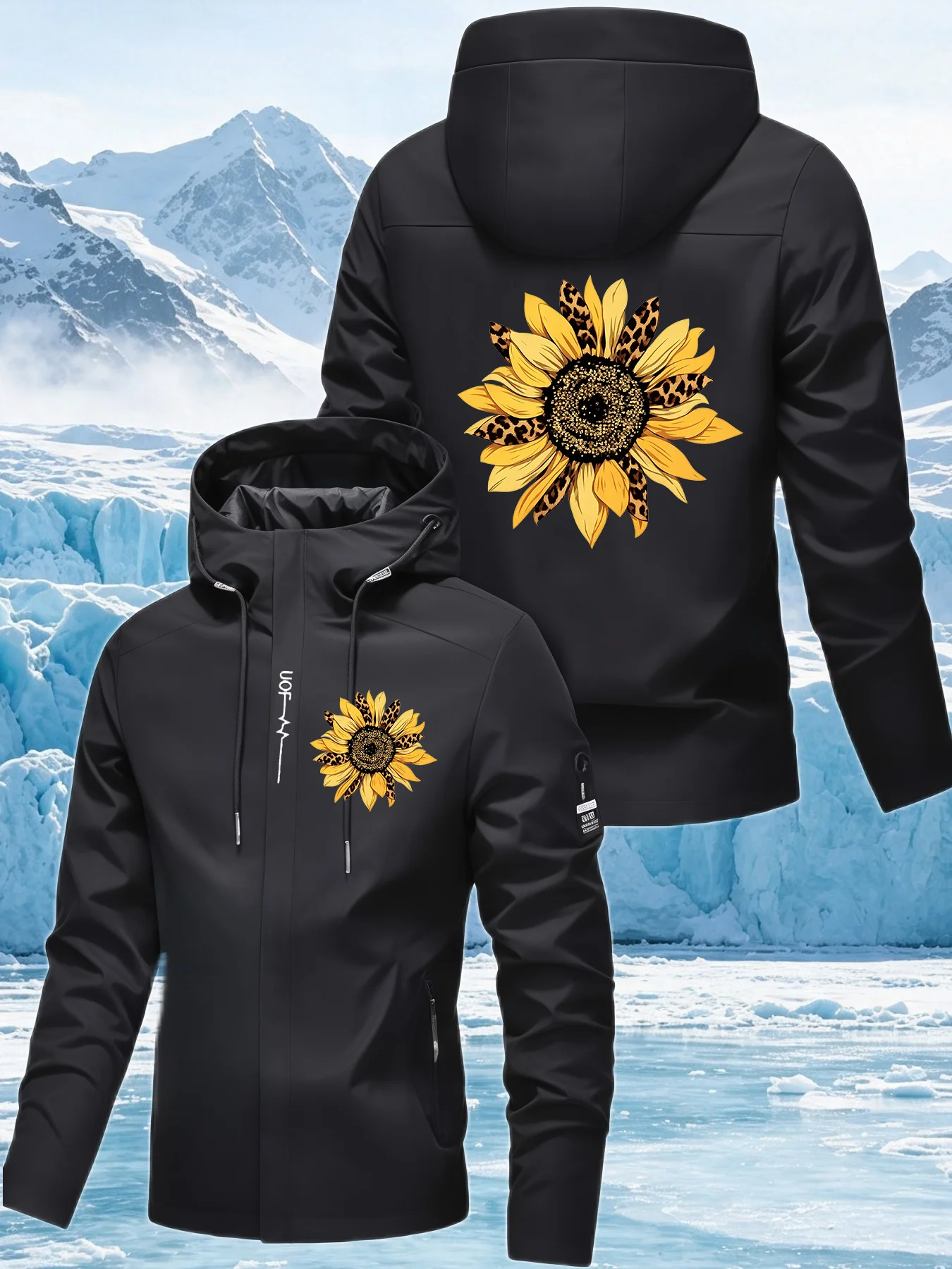 Men's Leopard Sunflower Print Hooded Jacket – Outdoor Hooded Windbreaker, Waterproof & Windproof, Spring/Autumn Workwear Coat