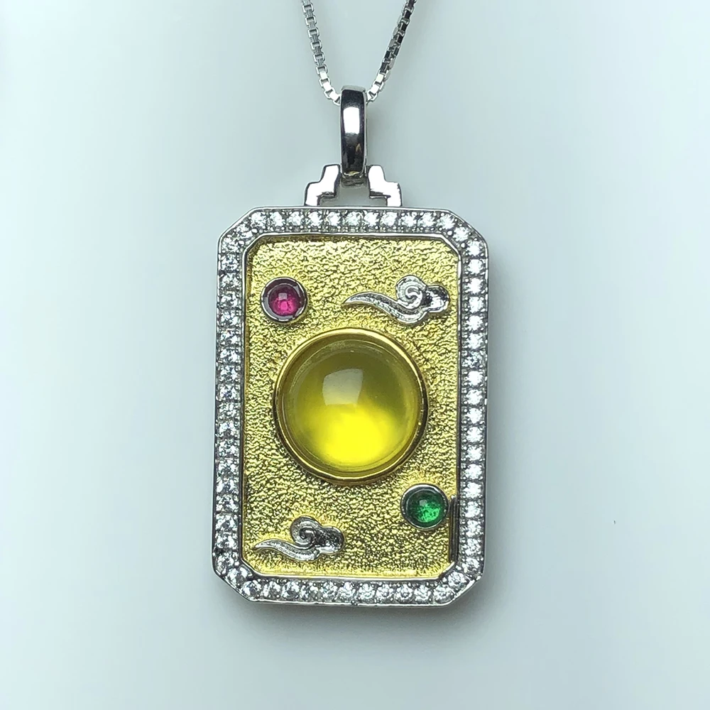 

925 silver square hangtag auspicious cloud 7mm natural golden yellow Prehnite Classic fashion women's Pendant Square Hangtag