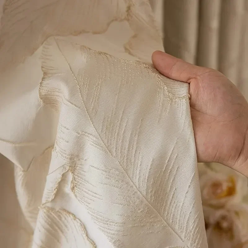 

High-precision Beige Jacquard Curtain for Living Dinning Room Bedroom Luxury Relief Gold Silk Leaves Custom Size Window Decor