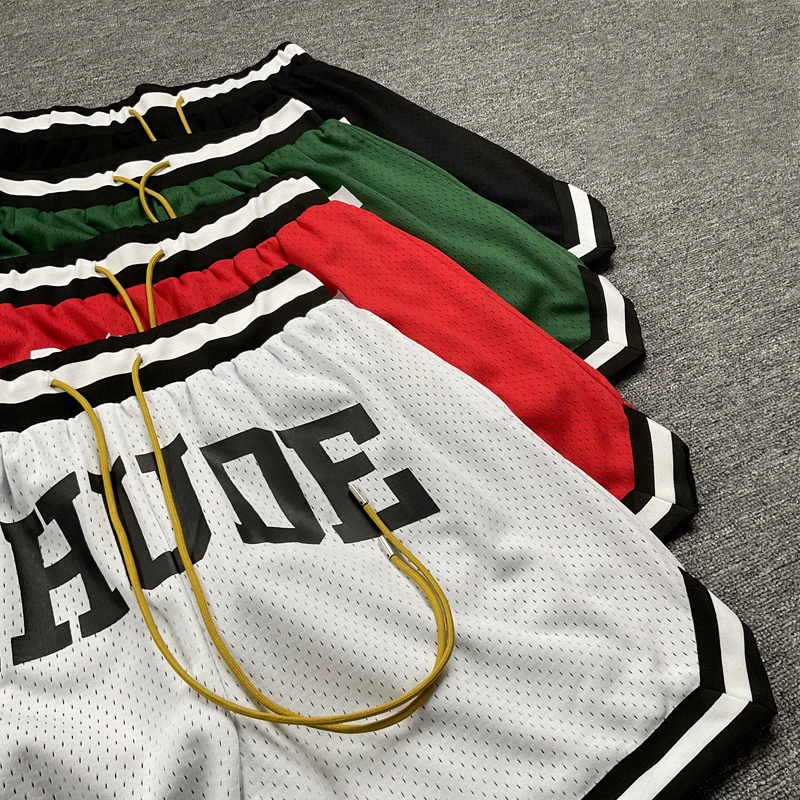 Mesh Quick Dry RHUDE Shorts Splice Stripe Shortpants Men Women  Loose Drawstring V-shape Shortpants Back Flip Cover Pockets