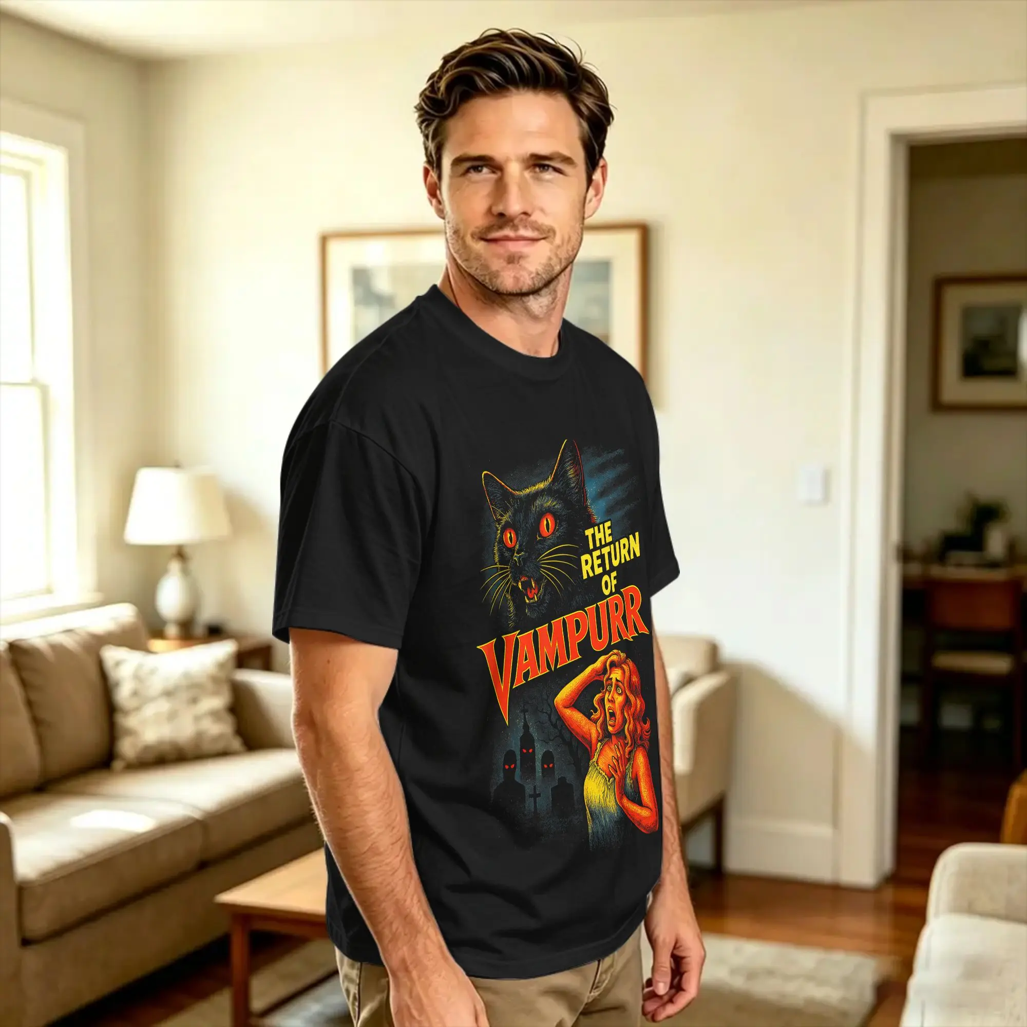 Halloween Cat Vintage 90s Style The Return of Vampurr  Cotton T-Shirt For Man Summer  Vintage T Shirts Leisure Tees Big Size