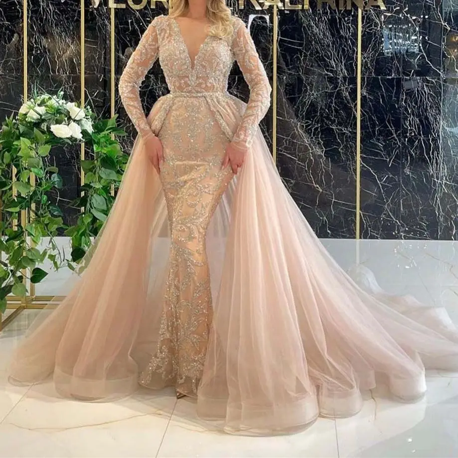 

Mermaid Wedding Dress V Neck Long Sleeves Appliqu Sequins Crystal Embellished Satin Tulle Gorgeous Tailoring свадебное платье