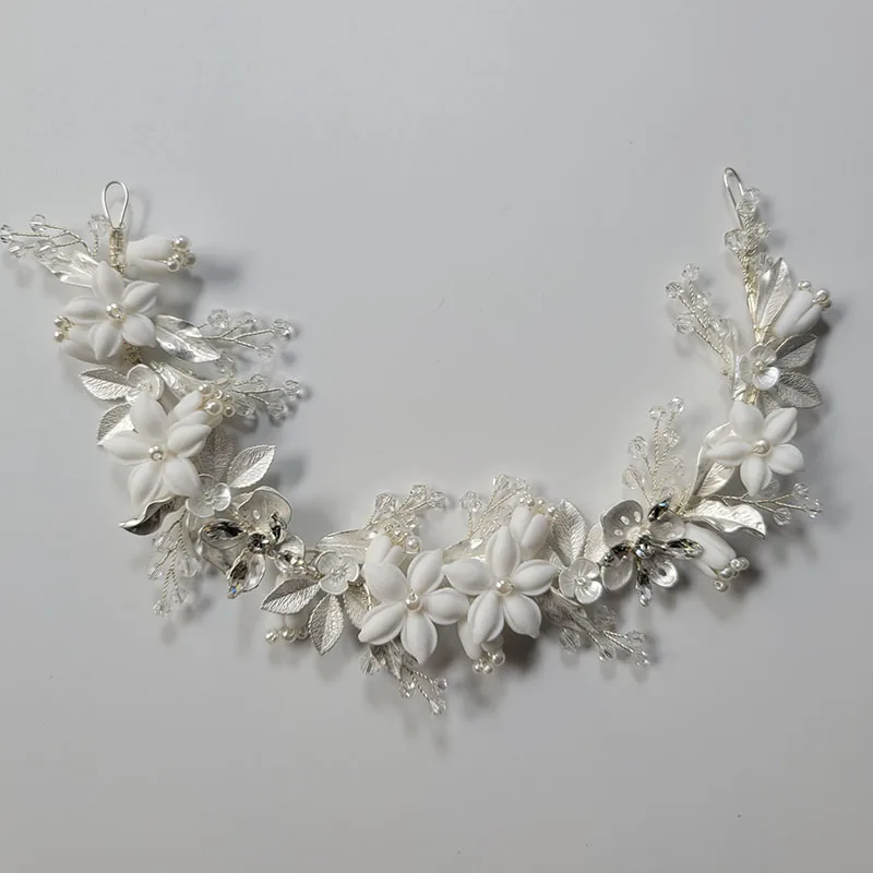 SLBRIDAL Handmade Alloy Flower Leaf Rhinestones Ceramic Flower Bridal Headband Wedding Headpieces Bridesmaids Women Hair Jewelry
