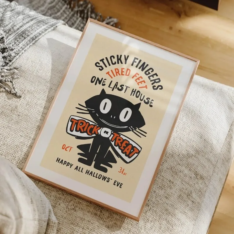 Retro Cartoon Black Cat Trick or Treat Typography Vintage Halloween Canvas Poster Prints Frameless Wall Art Home Decorations